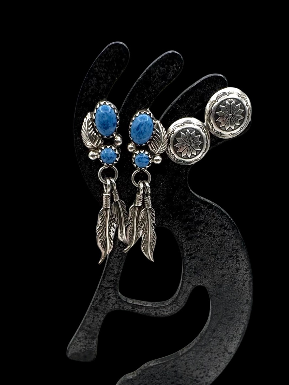 Robert Becenti Navajo Sterling Silver Faux Sodalite Dangle Earrings Free Studs
